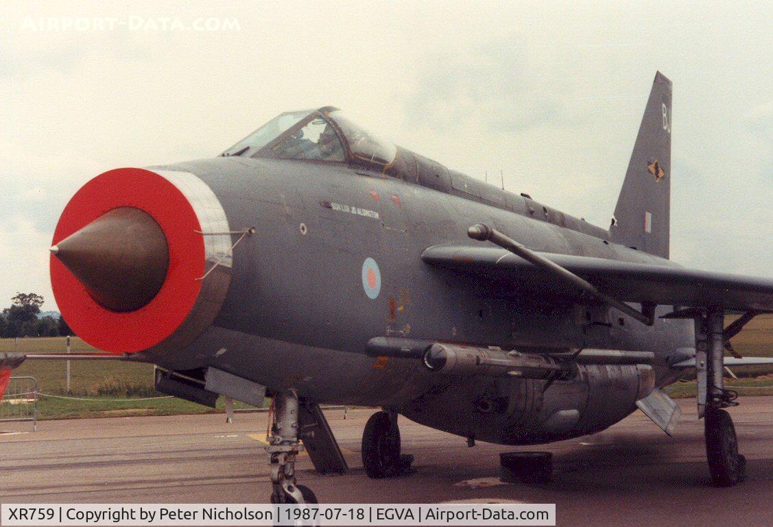 XR759, 1965 English Electric Lightning F.6 C/N 95224, Lightning F.6, callsign Lightning 63, of 11 Squadron on display at the 1987 Intnl Air Tattoo at RAF Fairford.