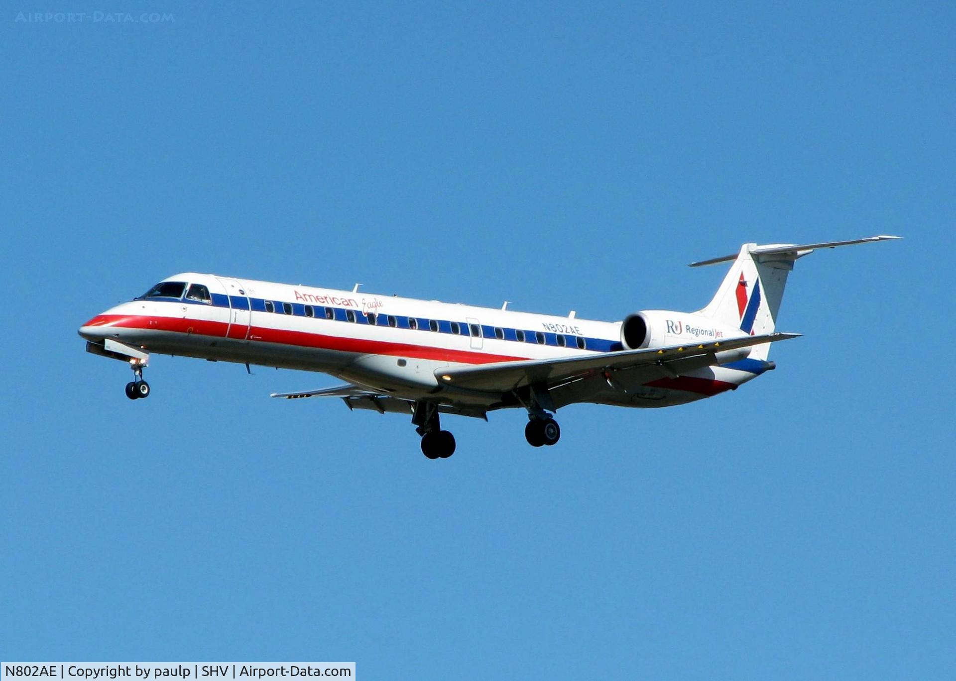 N802AE, 2001 Embraer ERJ-140LR (EMB-135KL) C/N 145471, Landing on 23 at Shreveport Regional.