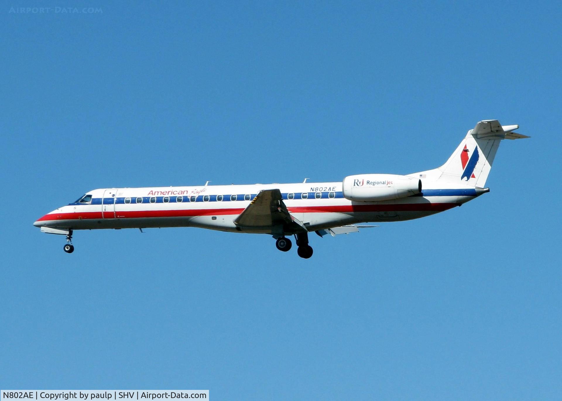 N802AE, 2001 Embraer ERJ-140LR (EMB-135KL) C/N 145471, Landing on 23 at Shreveport Regional.