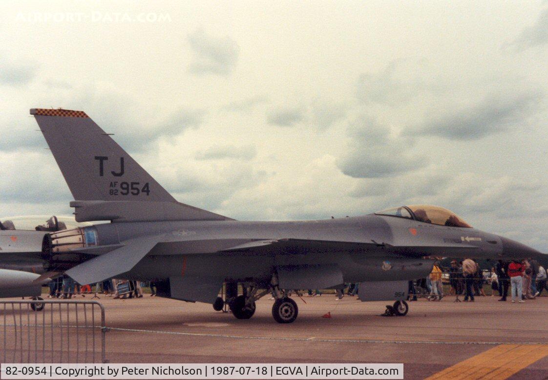 82-0954, 1982 General Dynamics F-16A Fighting Falcon C/N 61-547, F-16A Falcon, callsign Falcon 3, of 613rd Tactical Fighter Squadron/401st Tactical Fighter Wing at Torrejon Air Base on display at the 1987 Intnl Air Tattoo at RAF Fairford.