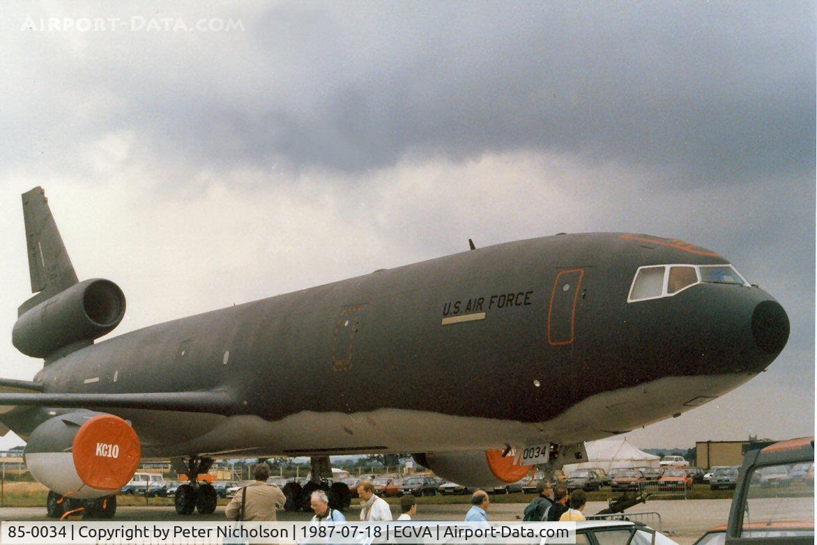 85-0034, 1985 McDonnell Douglas KC-10A Extender C/N 48239, KC-10A Extender, callsign Debar 13, of 2nd Bomb Wing at Barksdale AFB on display at the 1987 Intnl Air Tattoo at RAF Fairford.
