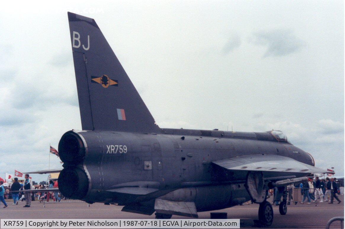 XR759, 1965 English Electric Lightning F.6 C/N 95224, Lightning F.6 of 11 Squadron on display at the 1987 Intnl Air Tattoo at RAF Fairford.
