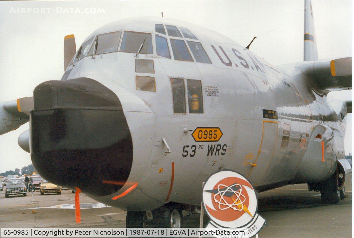 65-0985, 1965 Lockheed WC-130H Hercules C/N 382-4140, WC-130H Hercules, callsign Gull 38, of the 53rd Weather Research Squadron on display at the 1987 Intnl Air Tattoo at RAF Fairford.
