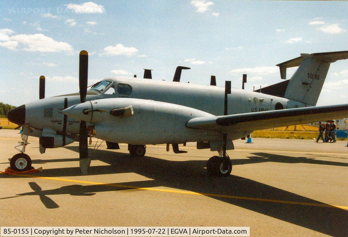 85-0155, 1985 Beech RC-12K Huron C/N FE-009, RC-12K, callsign Argus 35, of US Army's 1st Military Intelligence Battalion on display at the 1995 Intnl Air Tattoo at RAF Fairford.