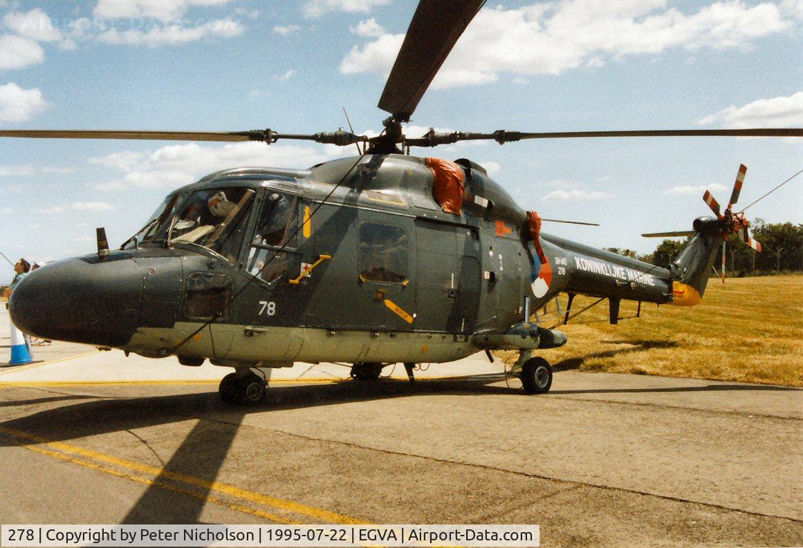 278, Westland SH-14D Lynx C/N 197, SH-14D Lynx, callsign Netherlands Royal Navy 411, of 7 Squadron on display at the 1995 Intnl Air Tattoo at RAF Fairford.