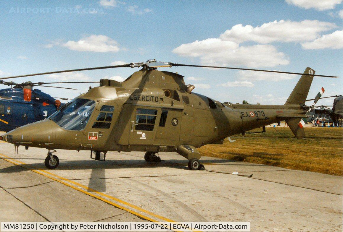 MM81250, Agusta A-109EOA Hirundo C/N 7403, Italian Army Agusta Hirundo, callsign India 0469, on display at the 1995 Intnl Air Tattoo at RAF Fairford.