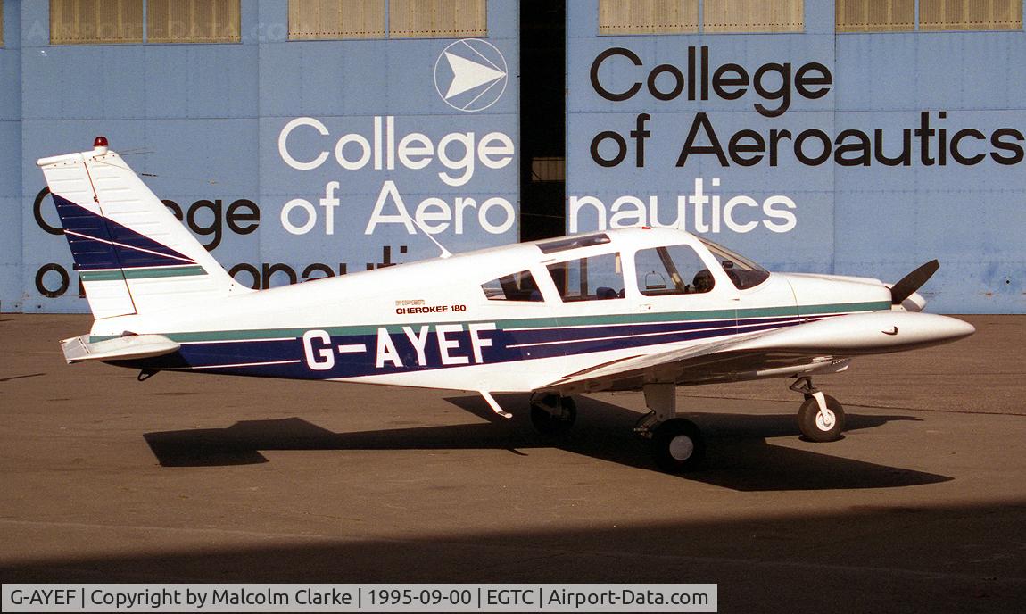 G-AYEF, 1970 Piper PA-28-180 Cherokee C/N 28-5815, Piper PA-28-180(mod) Cherokee E at Cranfield Airport, UK in 1995.