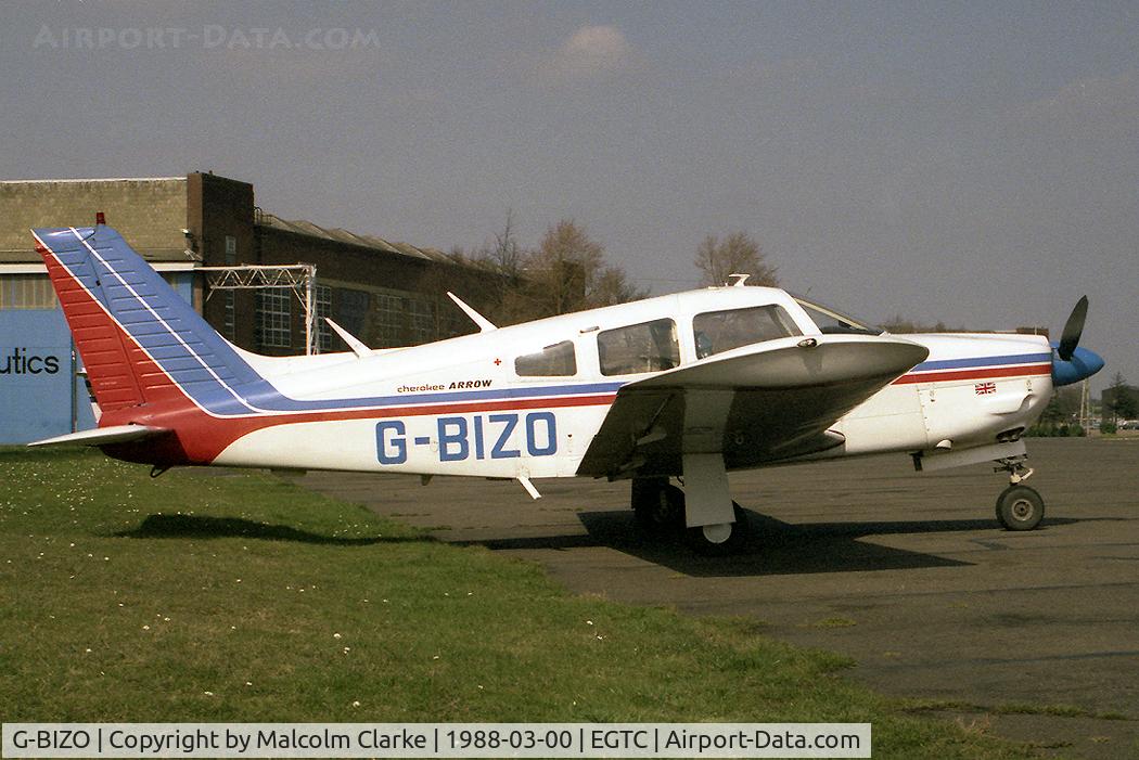 G-BIZO, 1975 Piper PA-28R-200-2 Cherokee Arrow II C/N 28R-7535339, Piper PA-28R-200 Cherokee Arrow II at Cranfield Airport in 1988.