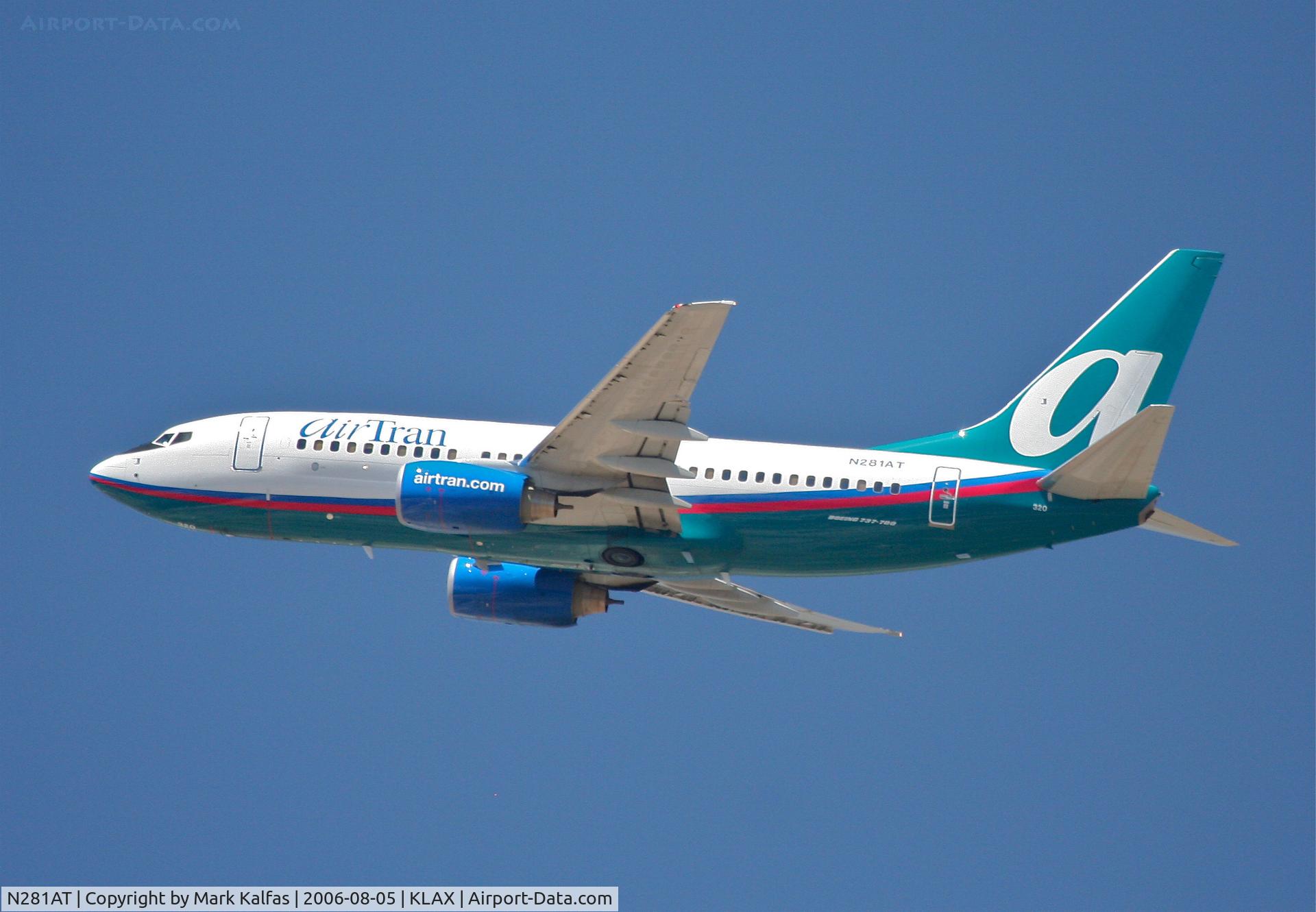 N281AT, 2006 Boeing 737-7BD C/N 33922, Air Tran Boeing 737-7BD, N281AT 25R departure KLAX.