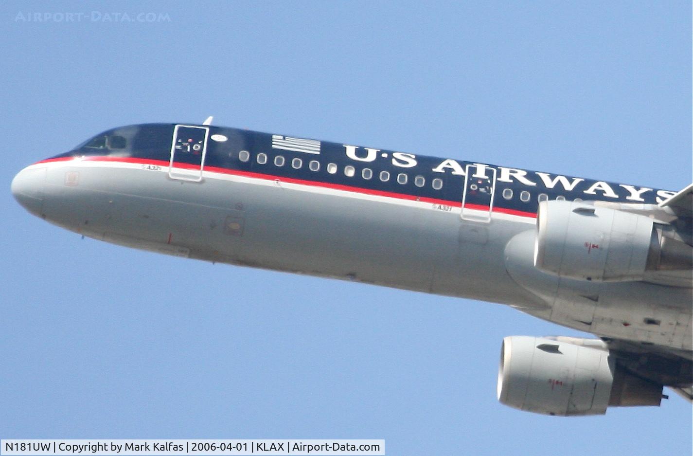 N181UW, 2001 Airbus A321-211 C/N 1531, US Airways A321-211, N181UW 25R departure KLAX.