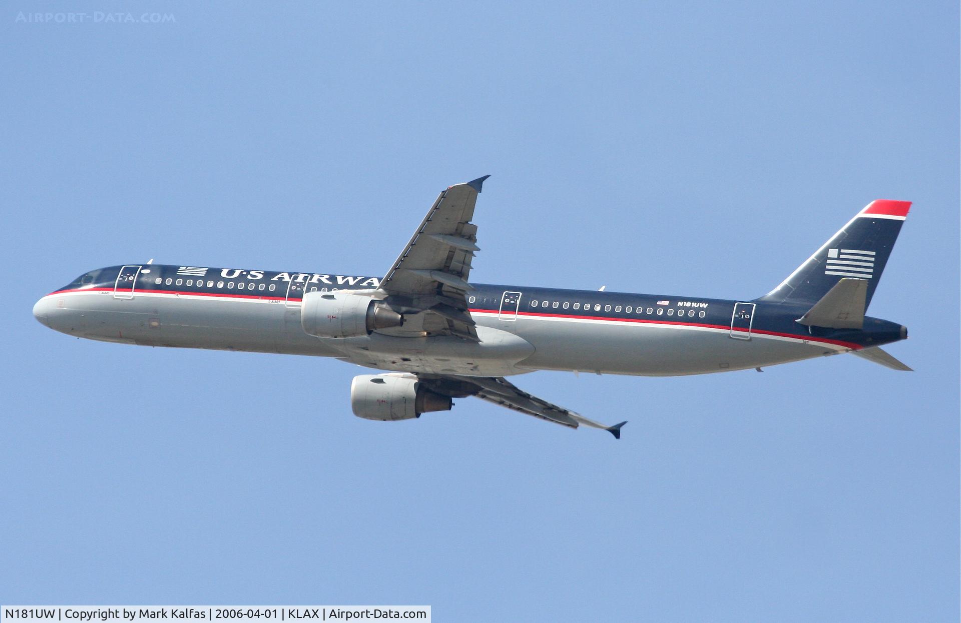 N181UW, 2001 Airbus A321-211 C/N 1531, US Airways A321-211, N181UW 25R departure KLAX.