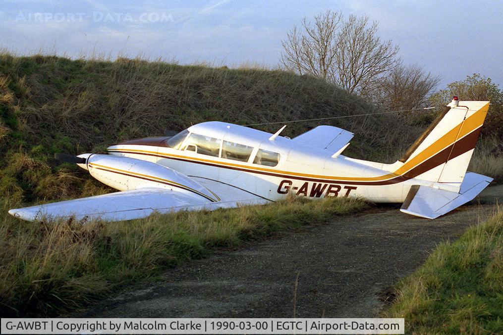 G-AWBT, 1967 Piper PA-30-160 B Twin Comanche C/N 30-1668, Piper PA-30-160 Turbo Twin Comanche B. A non-airworthy instructional airframe suitably located for students on an accident investigation course at Cranfield in 1990.