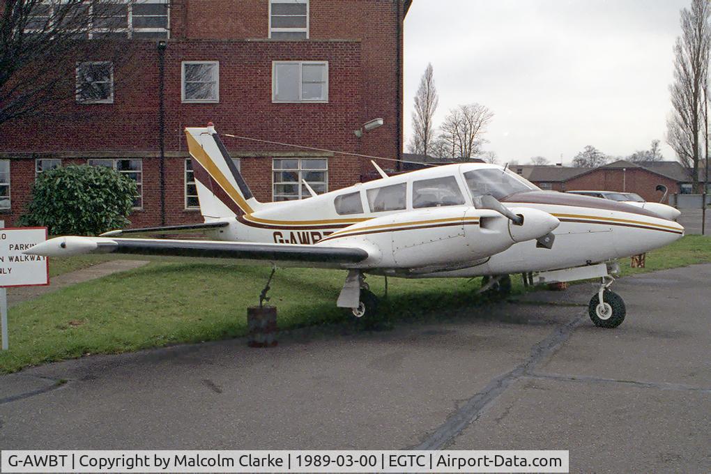 G-AWBT, 1967 Piper PA-30-160 B Twin Comanche C/N 30-1668, Piper PA-30-160 Turbo Twin Comanche B at Cranfield Airport in 1989.