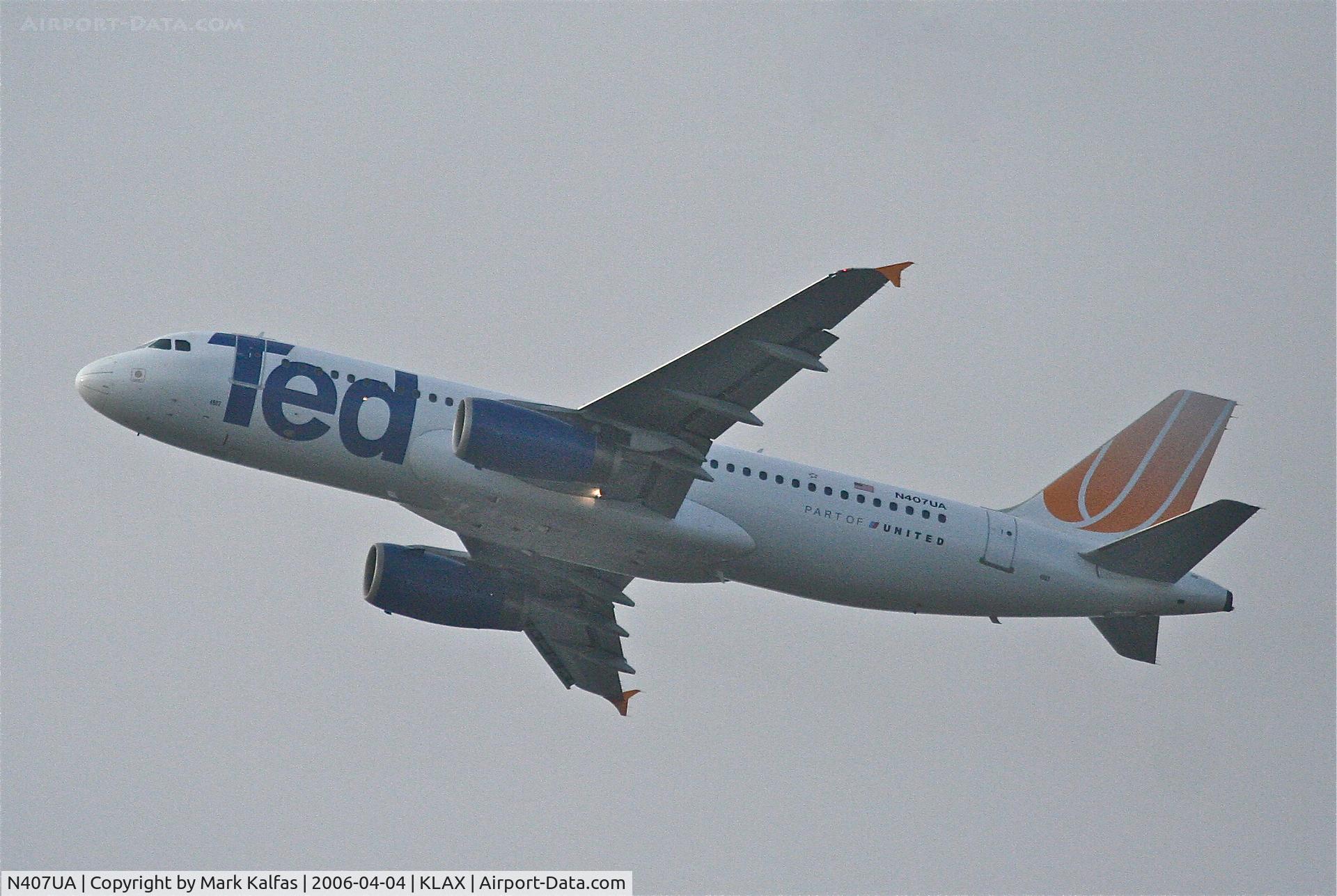 N407UA, 1994 Airbus A320-232 C/N 456, United Airlines/TED Airbus A320-232, N407UA 25R departure KLAX.