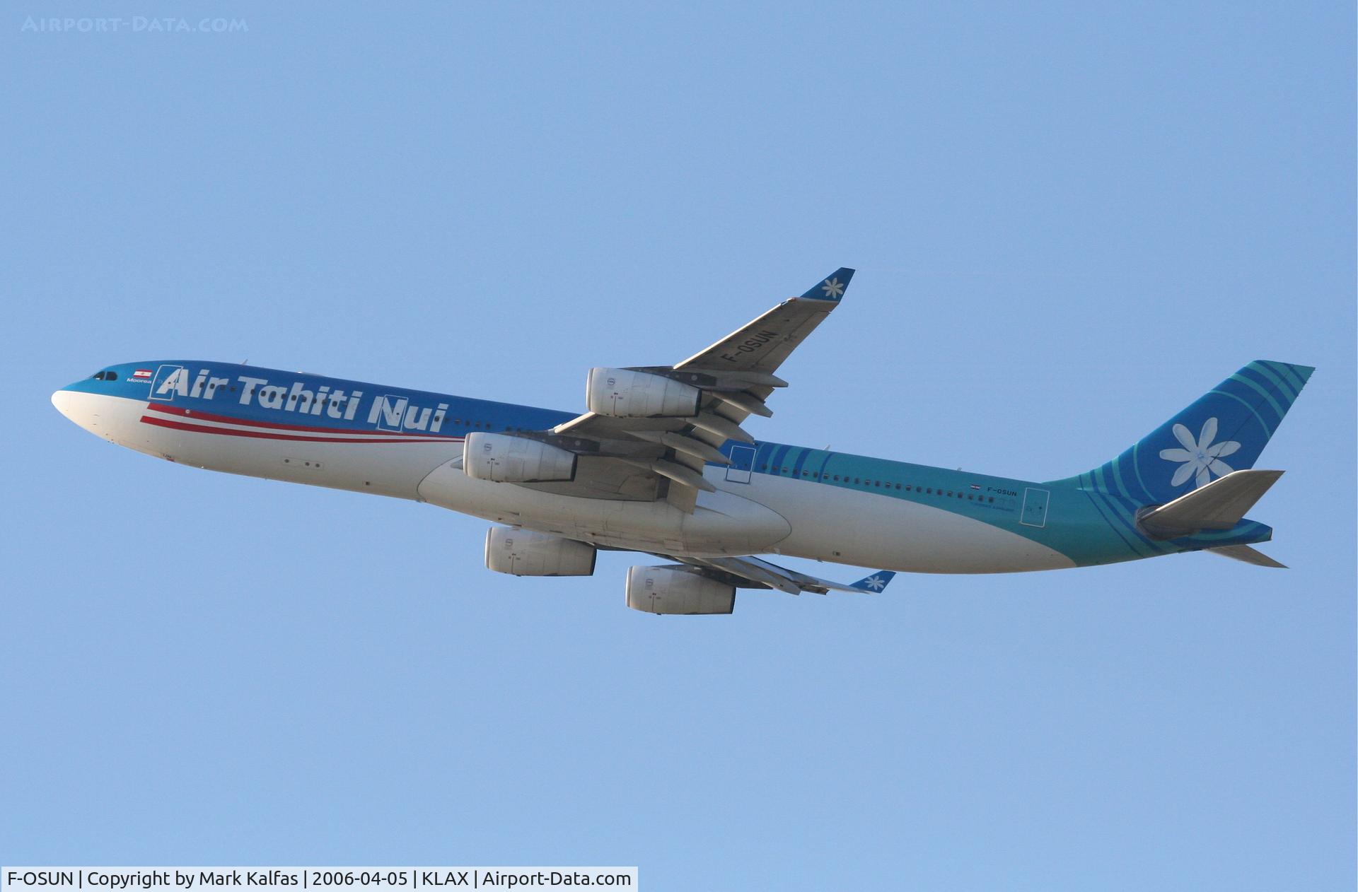F-OSUN, 2001 Airbus A340-313 C/N 446, Air Tahiti Nui Airbus A340-313, F-OSUN 25R departure KLAX.