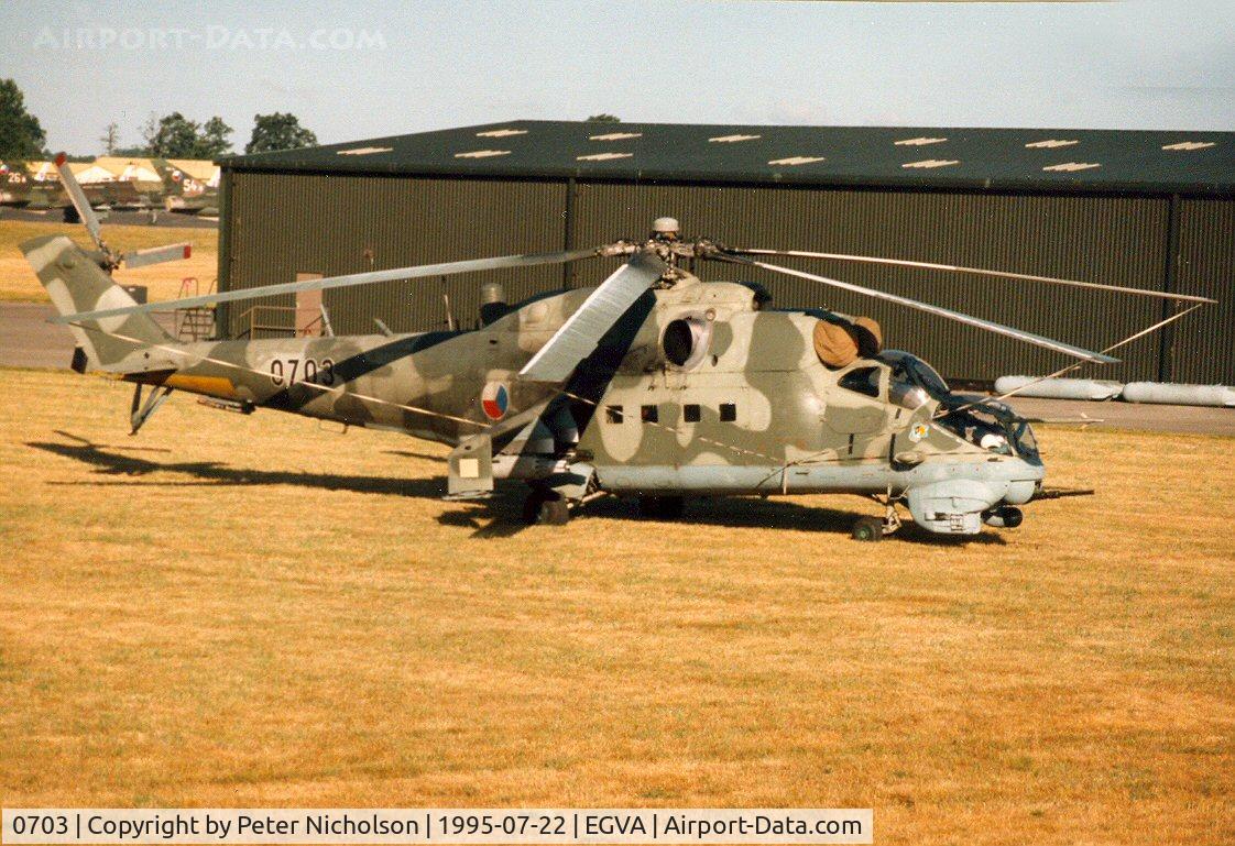 0703, Mil Mi-24V Hind E C/N 730703, Hind E helicopter gunship of 331 Squadron Czech Air Force on the flight-line at the 1995 Intnl Air Tattoo at RAF Fairford.