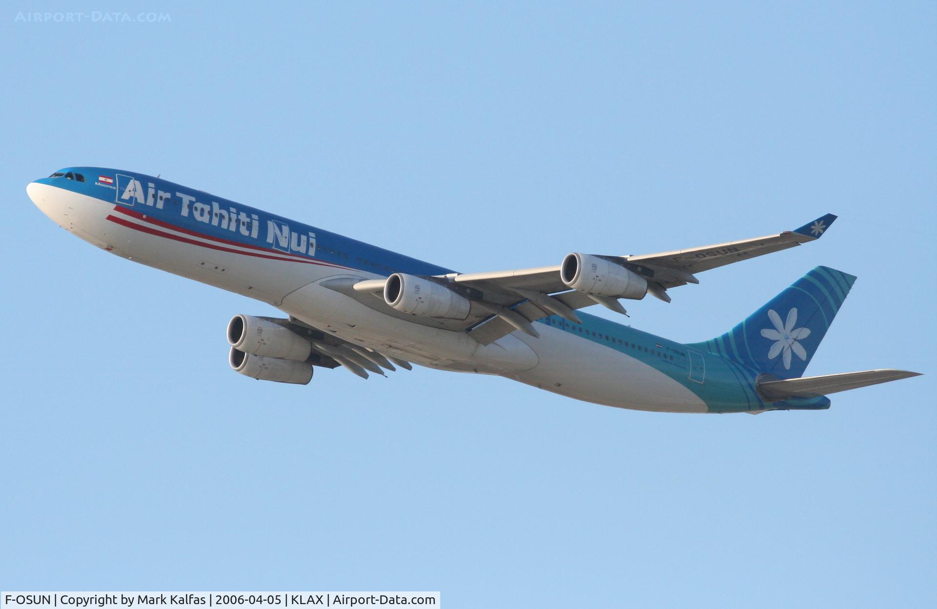 F-OSUN, 2001 Airbus A340-313 C/N 446, Air Tahiti Nui Airbus A340-313, F-OSUN 25R departure KLAX.