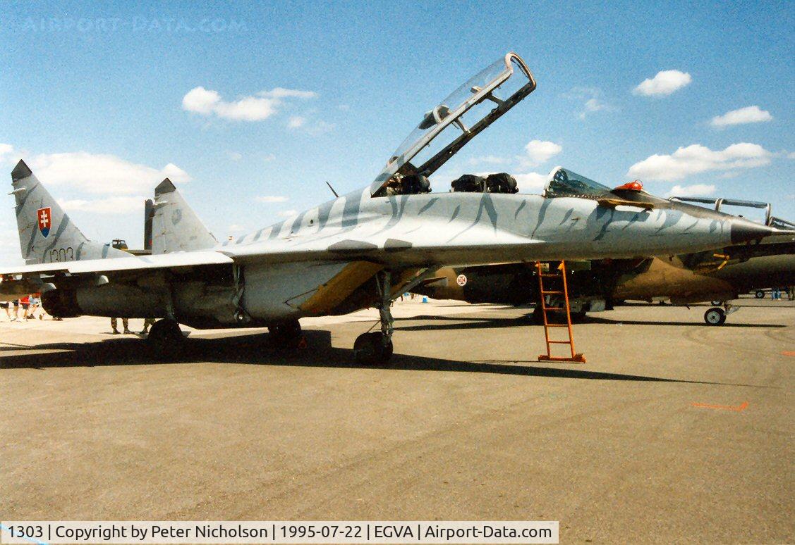 1303, Mikoyan-Gurevich MiG-29UB C/N N50903028113, MiG-29UB of 1 Squadron 31 Air Base Wing of the Slovak Air Force on display at the 1995 Intnl Air Tattoo at RAF Fairford.