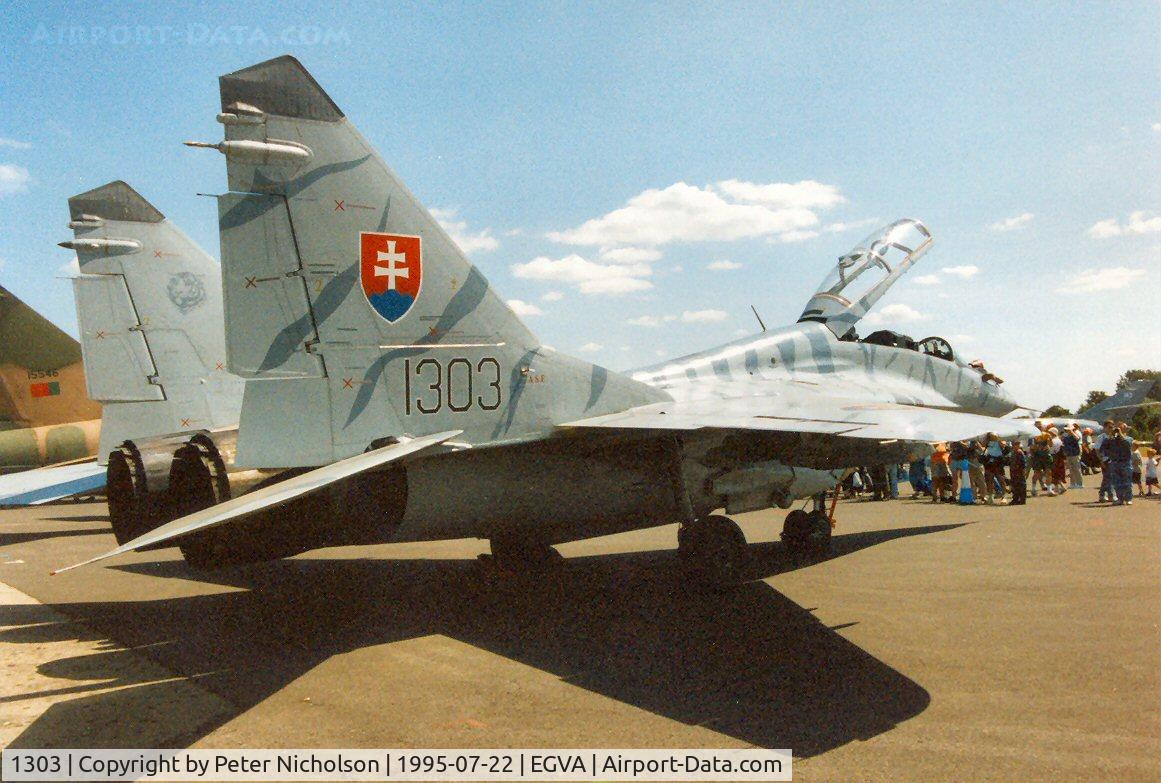 1303, Mikoyan-Gurevich MiG-29UB C/N N50903028113, Another view of the Slovak Air Force Fulcrum on display at the 1995 Intnl Air Tattoo at RAF Fairford.