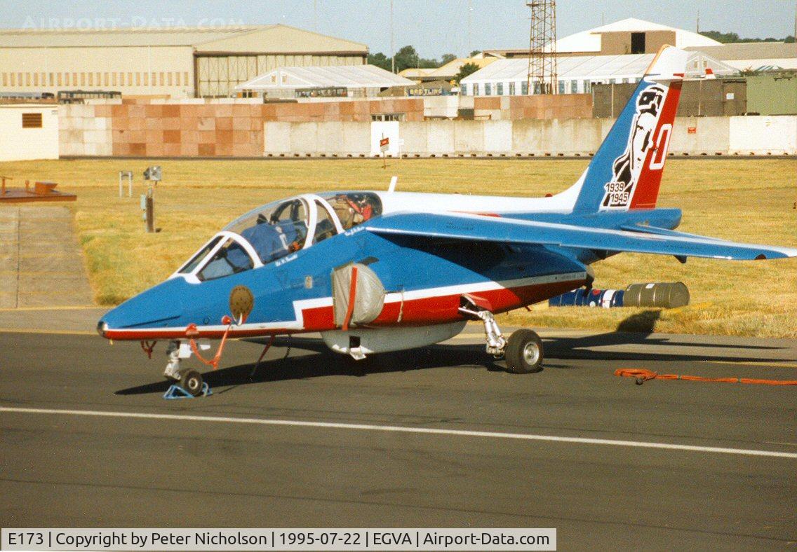 E173, Dassault-Dornier Alpha Jet E C/N E173, Patrouille de France aircraft number 0 on the flight-line at the 1995 Intnl Air Tattoo at RAF Fairford.