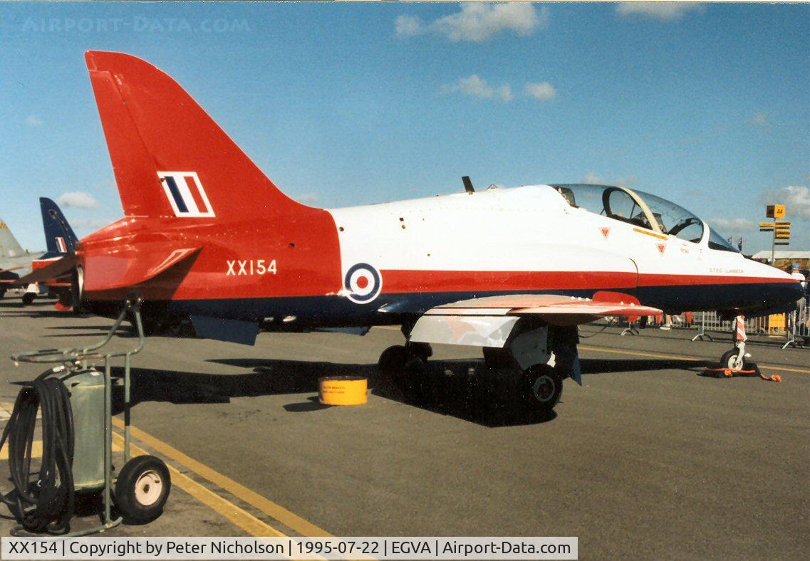 XX154, 1974 Hawker Siddeley Hawk T.1 C/N 001/312001, Defence Test & Evaluation Organisation (DTEO) Hawk T.1, callsign TEE 11A, on display at the 1995 Intnl Air Tattoo at RAF Fairford.