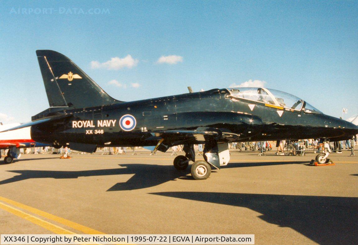 XX346, 1981 Hawker Siddeley Hawk T.1A C/N 195/312170, Hawk T.1A, callsign Yeovil 58, of the Royal Navy's Fleet Requirements And Air Direction Unit - FRADU - on display the 1995 Intnl Air Tattoo at RAF Fairford.