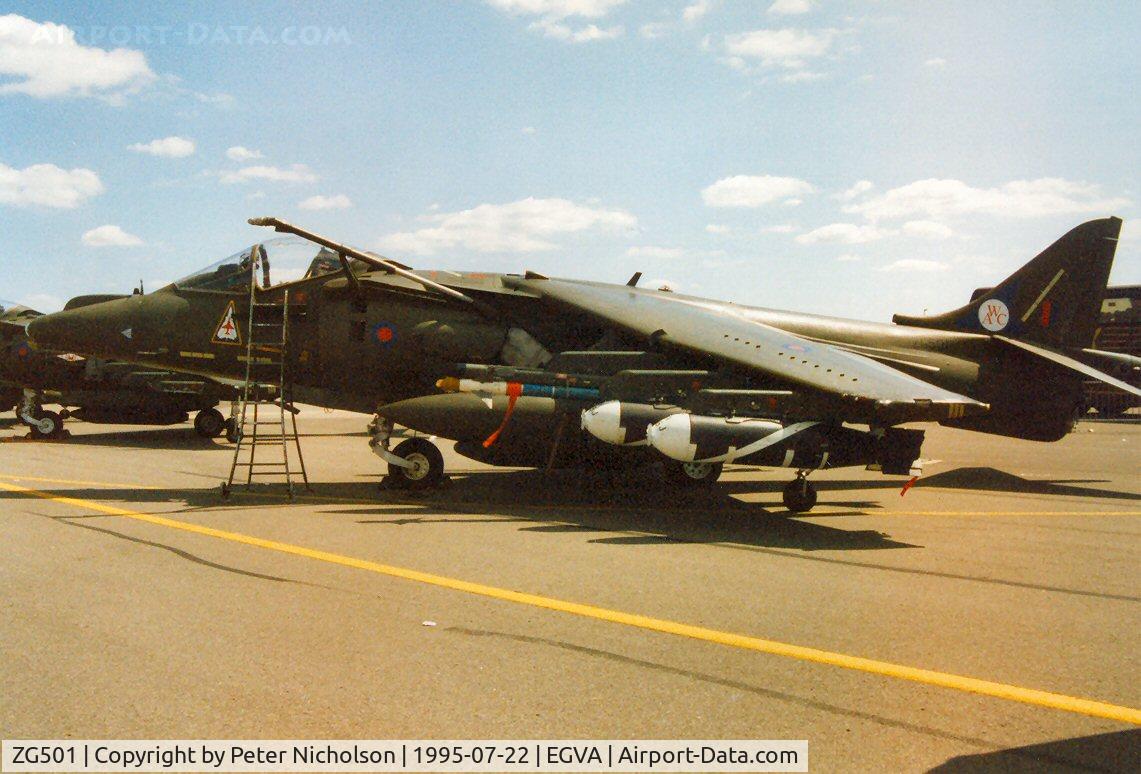 ZG501, 1990 British Aerospace Harrier GR.7 C/N P72, Harrier GR.7, callsign Civic 2, of the Strike Attack Operational Evaluation Unit - SAOEU - on display at the 1995 Intnl Air Tattoo at RAF Fairford.