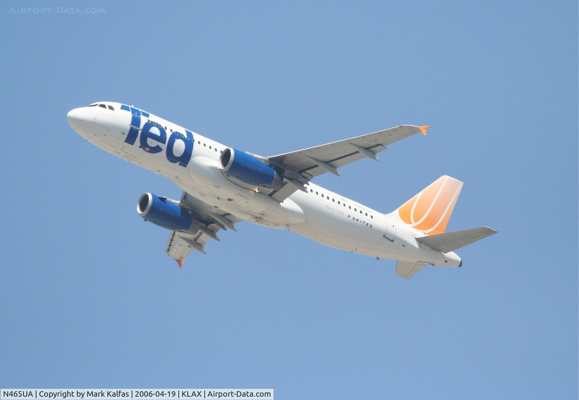 N465UA, 2000 Airbus A320-232 C/N 1341, United Airlines/TED Airbus A320-232, N465UA 25R departure KLAX.