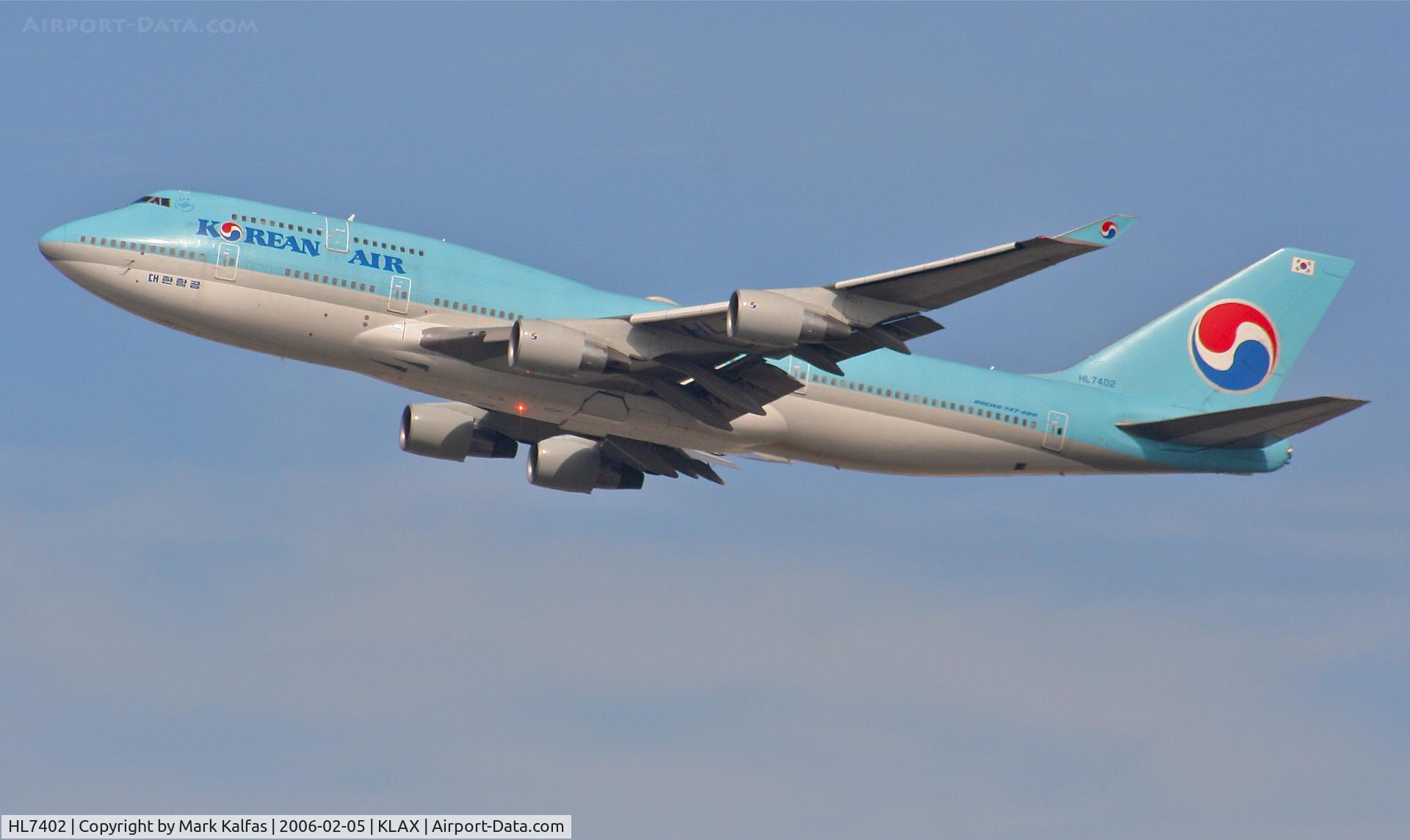 HL7402, 1998 Boeing 747-4B5 C/N 26407, Korean Airlines Boeing 747-4B5, HL7402 25R departure KLAX.