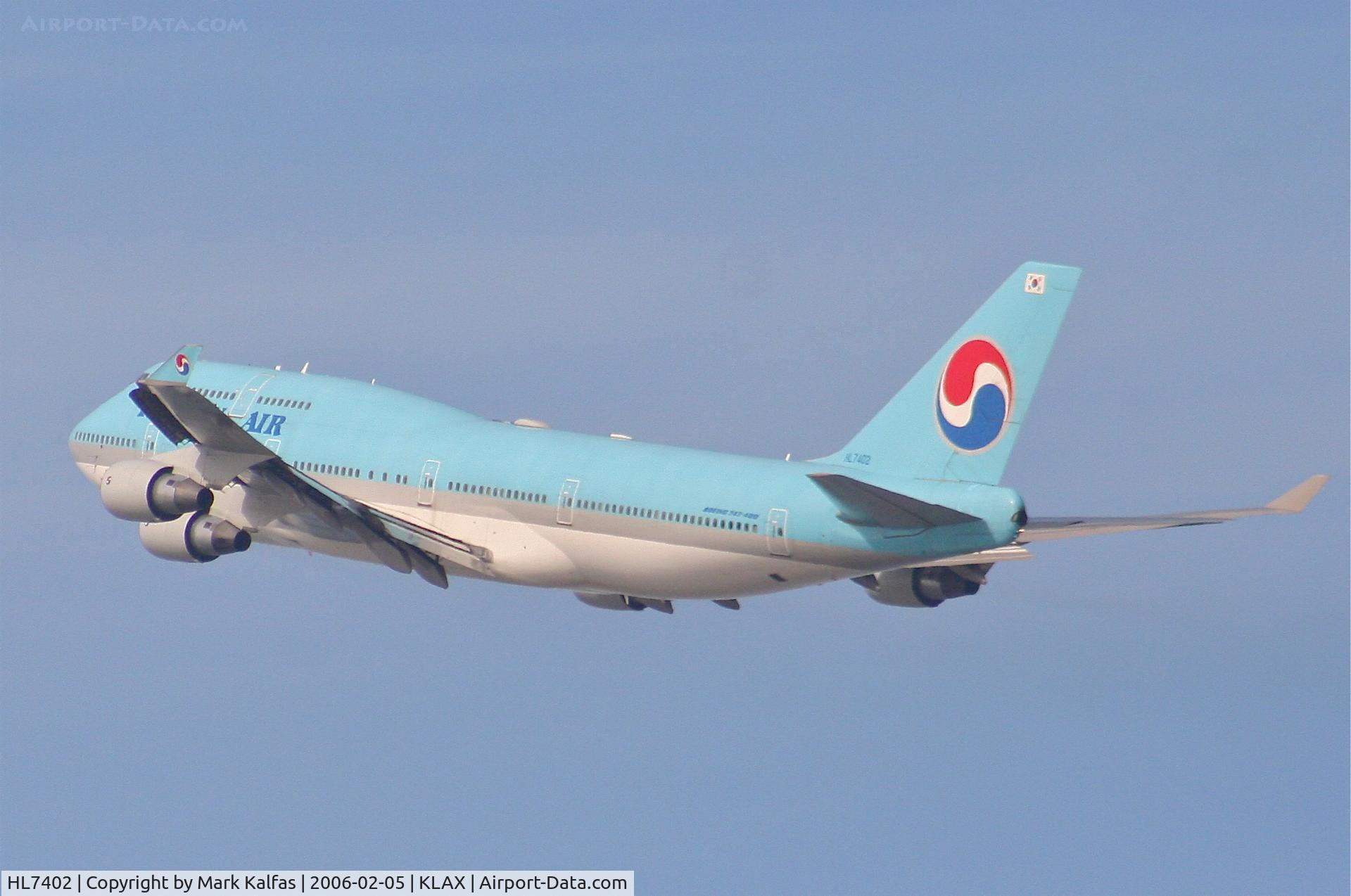 HL7402, 1998 Boeing 747-4B5 C/N 26407, Korean Airlines Boeing 747-4B5, HL7402 25R departure KLAX.