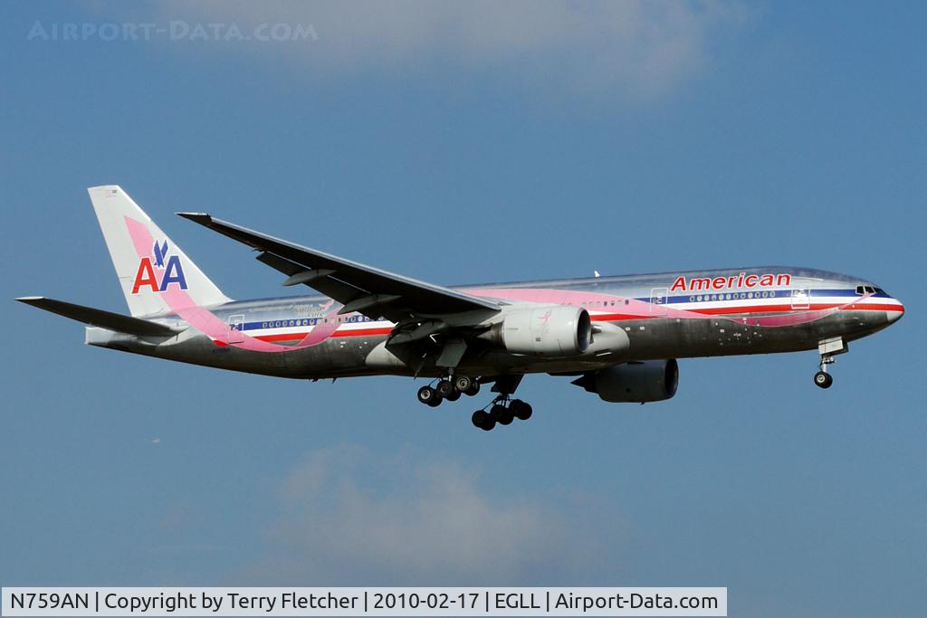 N759AN, 2001 Boeing 777-223/ER C/N 32638, American Airlines B777 about to land at Heathrow