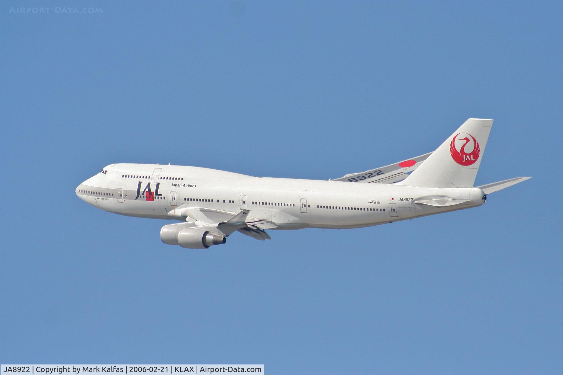 JA8922, 2001 Boeing 747-446 C/N 27646, JAL Boeing 747-446, JA8922 25R departure KLAX.