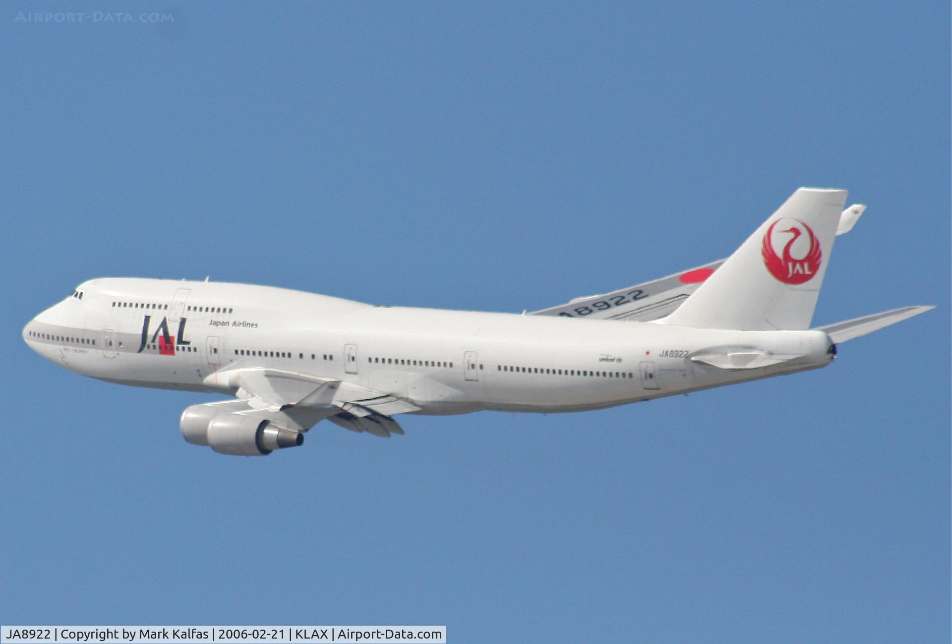 JA8922, 2001 Boeing 747-446 C/N 27646, JAL Boeing 747-446, JA8922 25R departure KLAX.