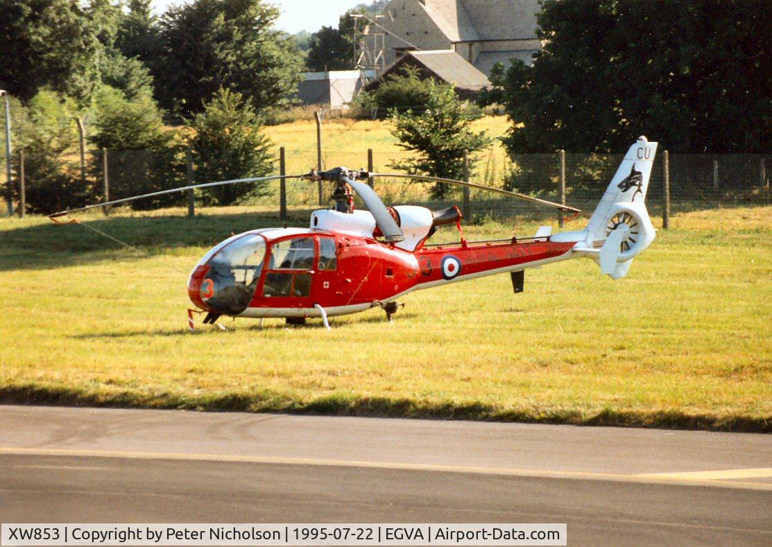 XW853, 1973 Westland SA-341C Gazelle HT2 C/N WA1033, Gazelle HT.2, callsign Condors, of the 705 Squadron aerobatic display team on the flight-line at the 1995 Intnl Air Tattoo at RAF Fairford.
