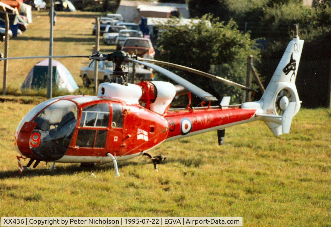 XX436, 1976 Westland SA-341C Gazelle HT2 C/N WA1402, Another of the 705 Squadron Sharks helicopter display team at the 1995 Intnl Air Tattoo at RAF Fairford.