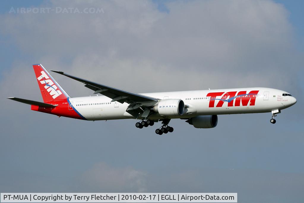 PT-MUA, 2008 Boeing 777-32W/ER C/N 37664, TAM B777 arrives at Heathrow