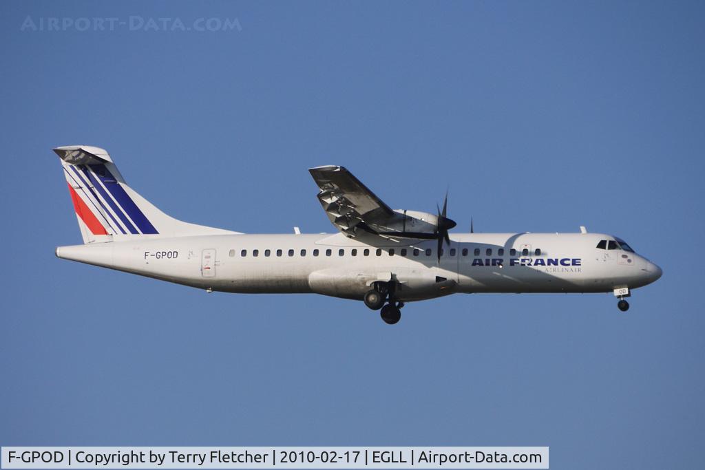 F-GPOD, 1993 ATR 72-202 C/N 361, Air France ATR72 is one of the few non-jet moves into Heathrow these days
