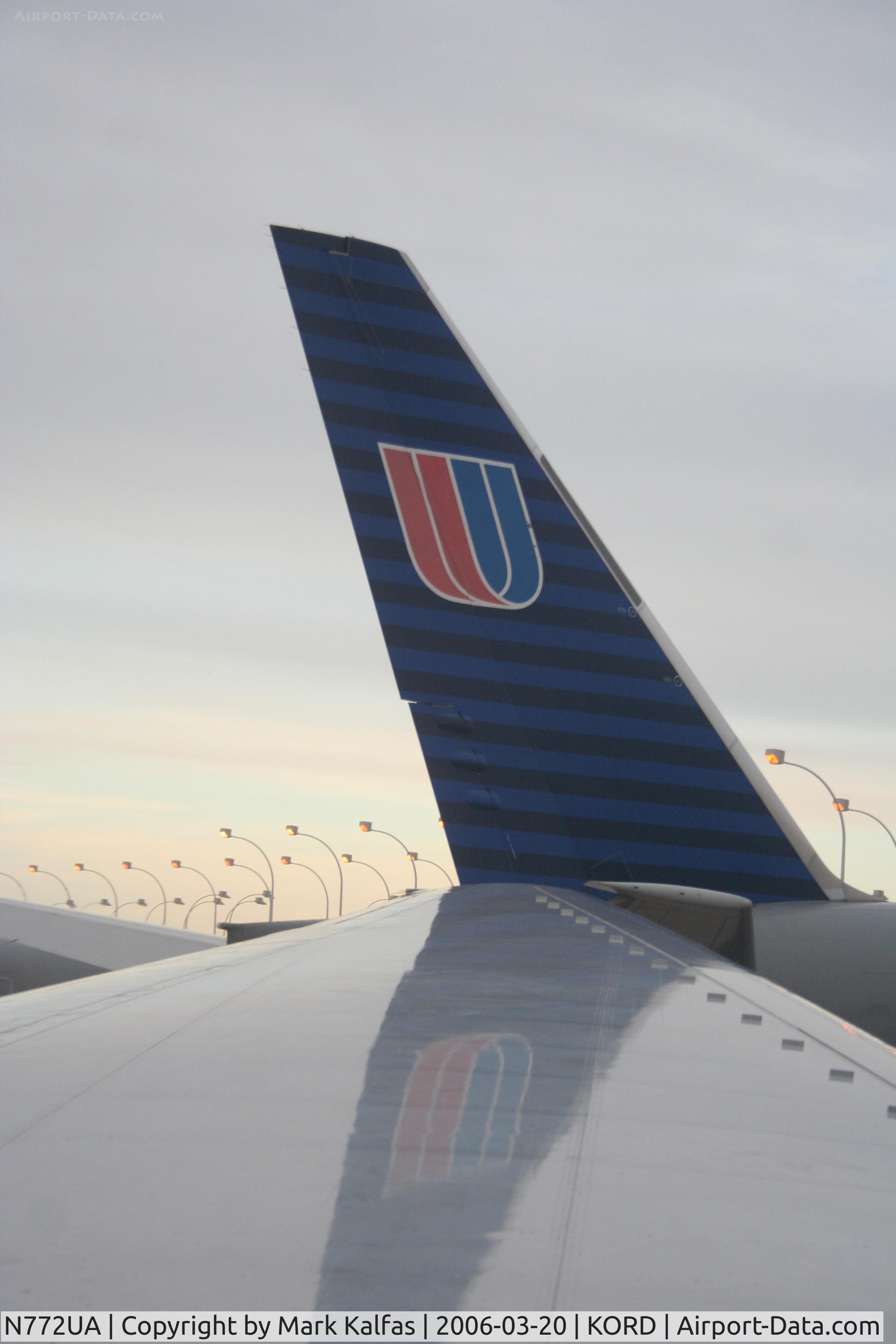 N772UA, 1995 Boeing 777-222 C/N 26930, United Airlines Boeing 777-222 (with winglets?), N772UA pushing from C18 KORD.