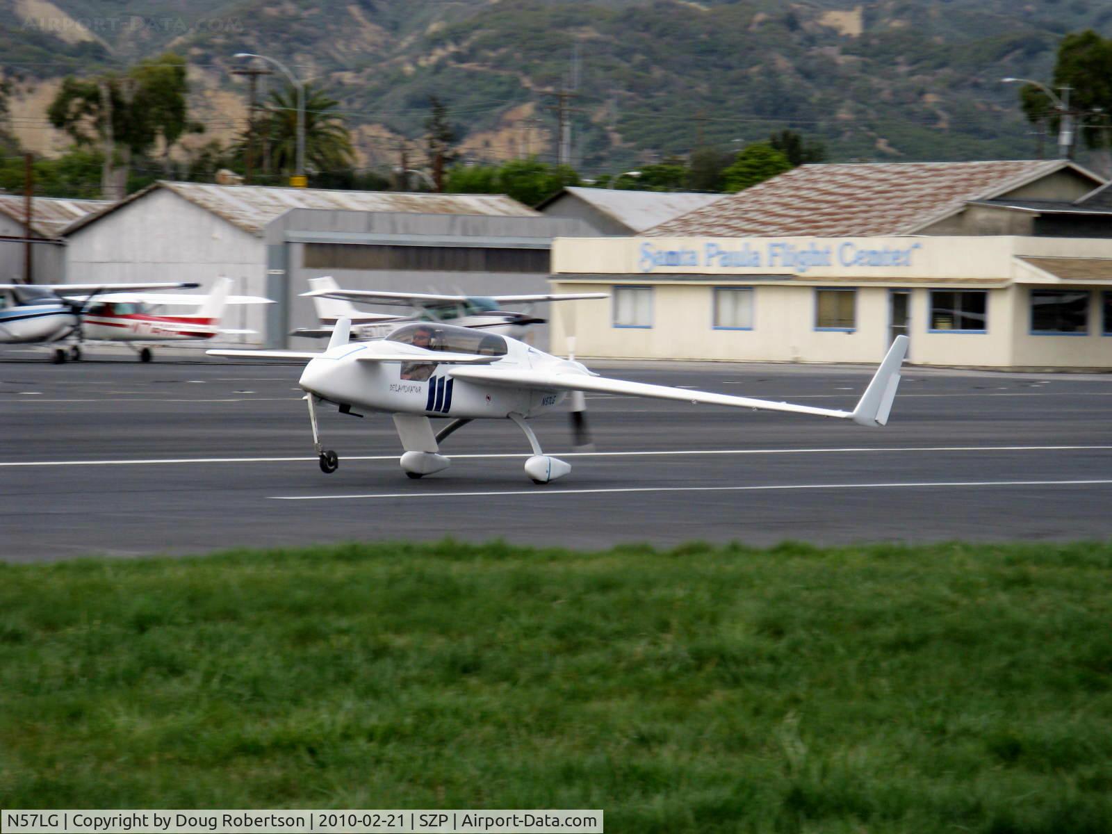 N57LG, 1983 Rutan VariEze C/N 57Z, 1983 Godsey/Klaus Savier modified RUTAN VARI-EZE 'DELIMINATOR III', Continental O-200 100+ Hp, Light Speed Engineering plasma ignition, multiple FAI World records holder, landing roll Rwy 22
