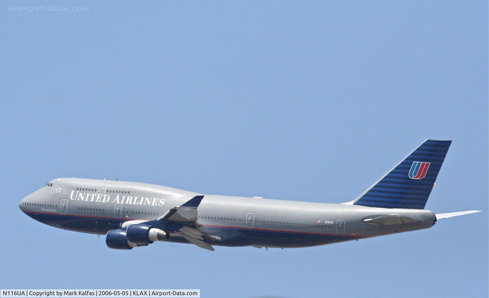 N116UA, 1998 Boeing 747-422 C/N 26908, United Airlines Boeing 747-422, N116UA 25R departure KLAX.