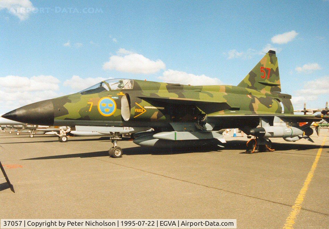 37057, Saab AJ37 Viggen C/N 37057, AJS-37 Viggen of F7 Wing Royal Swedish Air Force on display at the 1995 Intnl Air Tattoo at RAF Fairford.