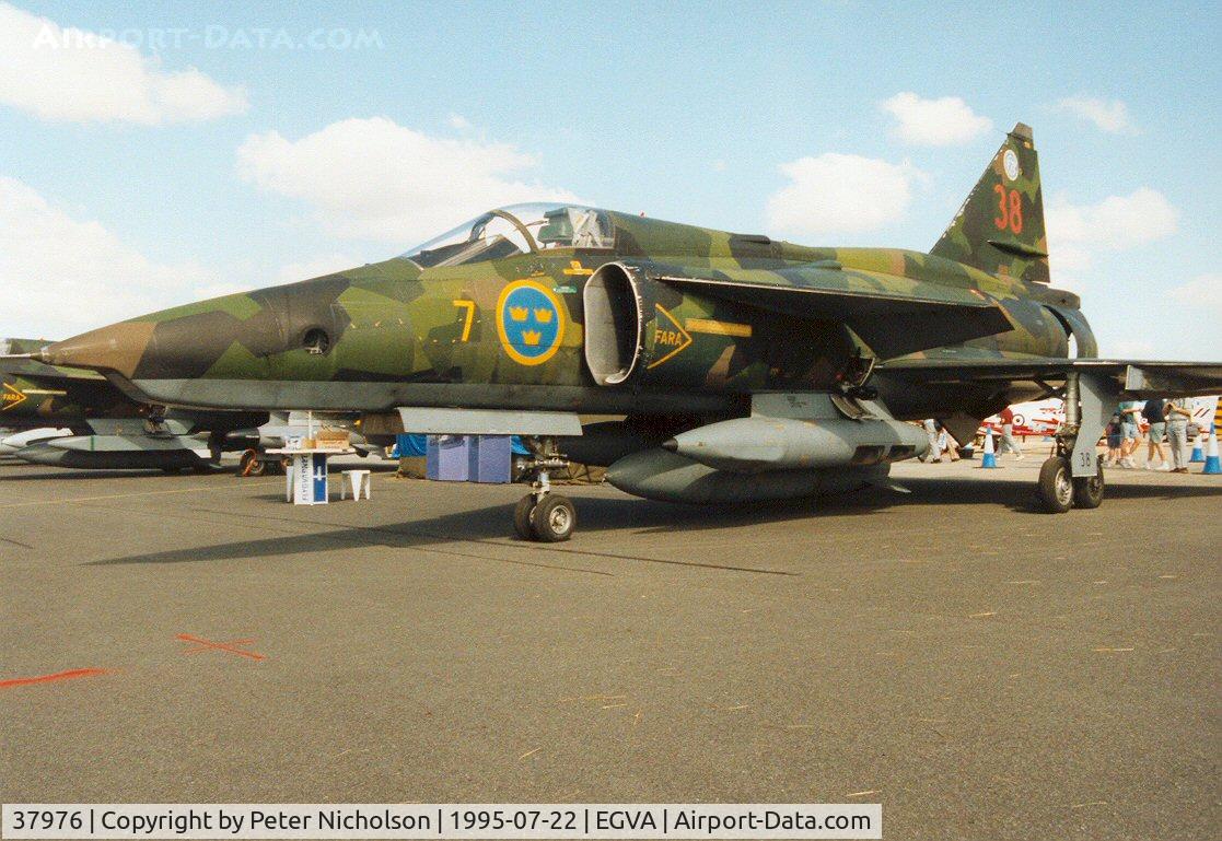 37976, Saab SF 37 Viggen C/N 37976, SF-37 Viggen of F7 Wing Royal Swedish Air Force on display at the 1995 Intnl Air Tattoo at RAF Fairford.