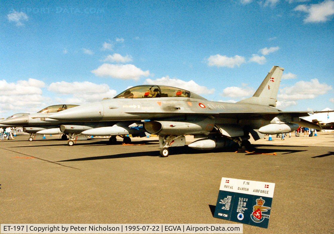ET-197, 1978 General Dynamics F-16B Fighting Falcon C/N 6G-13, F-16B Falcon, callsign Danish Air Force 3070, of Esk 726 on display at the 1995 Intnl Air Tattoo at RAF Fairford.
