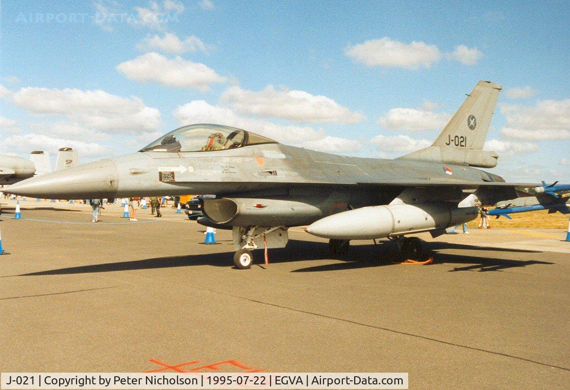 J-021, 1989 Fokker F-16AM Fighting Falcon C/N 6D-177, F-16A Falcon, callsign Devil 02, of 312 Squadron Royal Netherlands Air Force on display at the 1995 Intnl Air Tattoo at RAF Fairford.