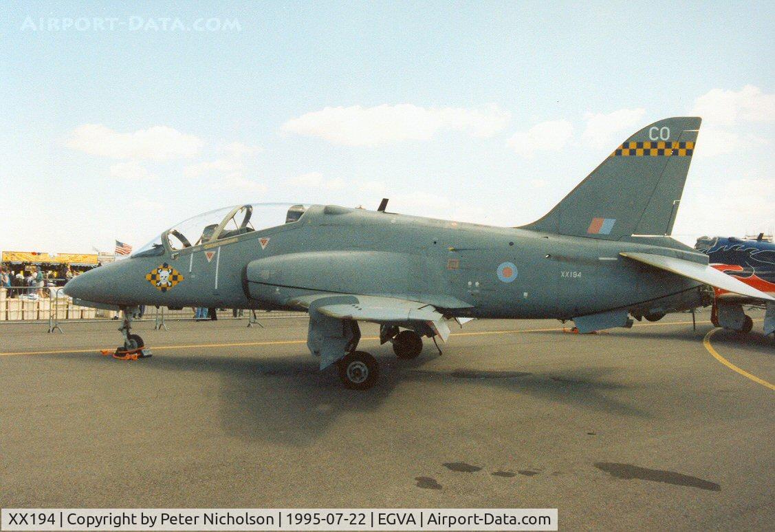 XX194, 1978 Hawker Siddeley Hawk T.1A C/N 041/312041, Hawk T.1A, callsign Polecat 4, of 100 Squadron at RAF Leeming on display at the 1995 Intnl Air Tattoo at RAF Fairford.