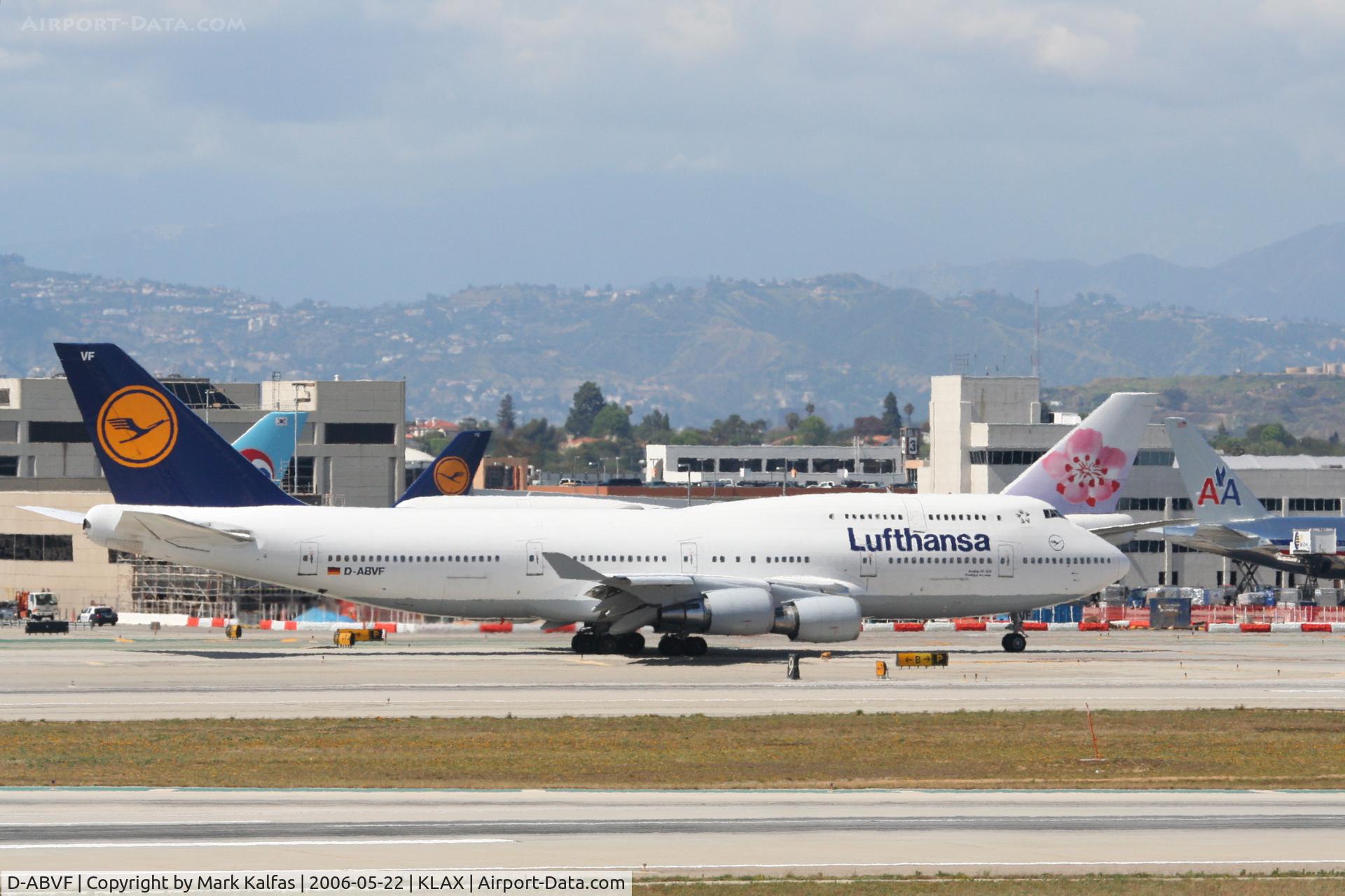 D-ABVF, 1990 Boeing 747-430 C/N 24761, Luftansa Boeing 747-430, D-ABVF taxiing out on Bravo for a 25R departure KLAX.