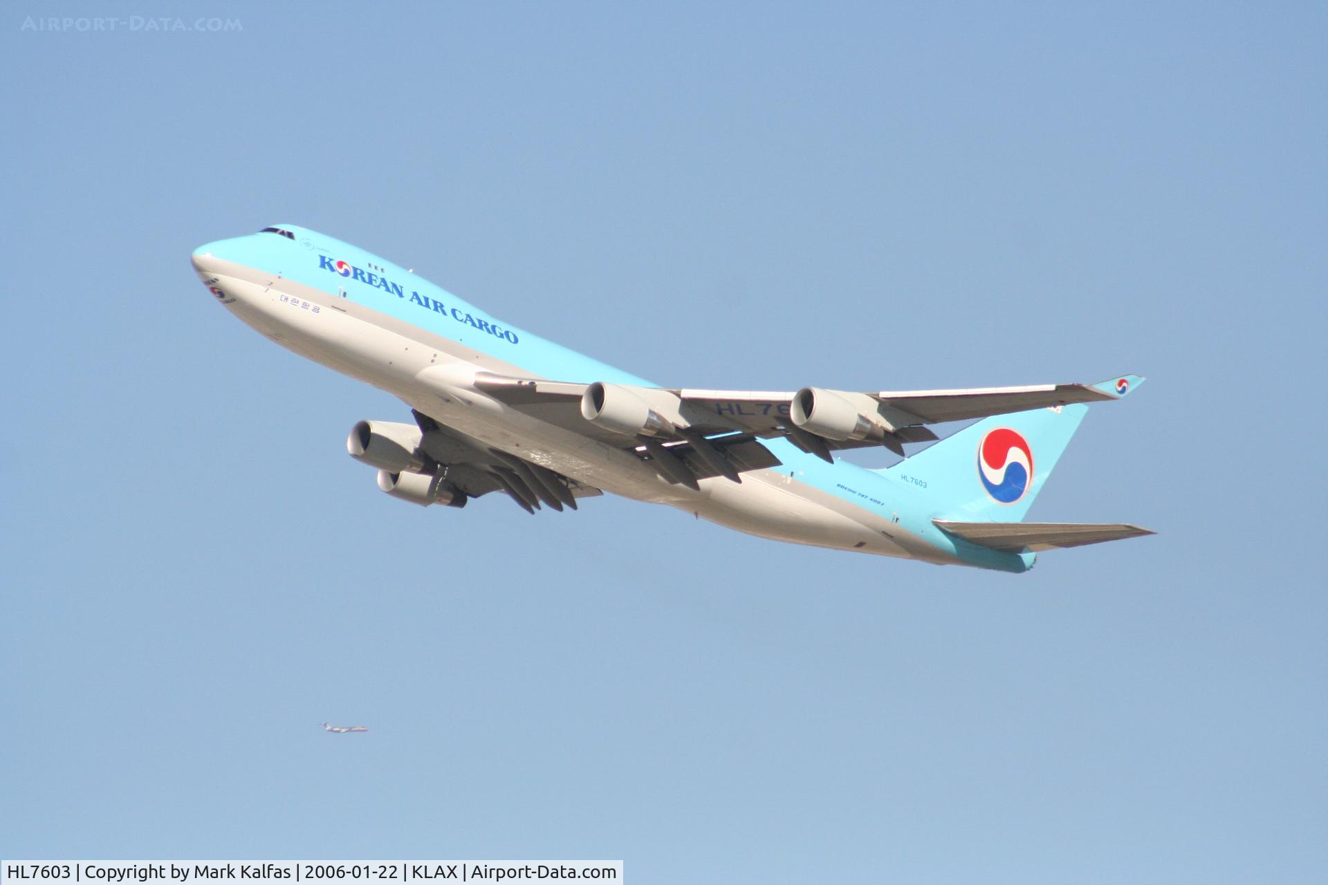 HL7603, 2005 Boeing 747-4B5F/ER/SCD C/N 34302, Korean Airlines Cargo Boeing 747-4B5F, HL7603 25R departure KLAX.
