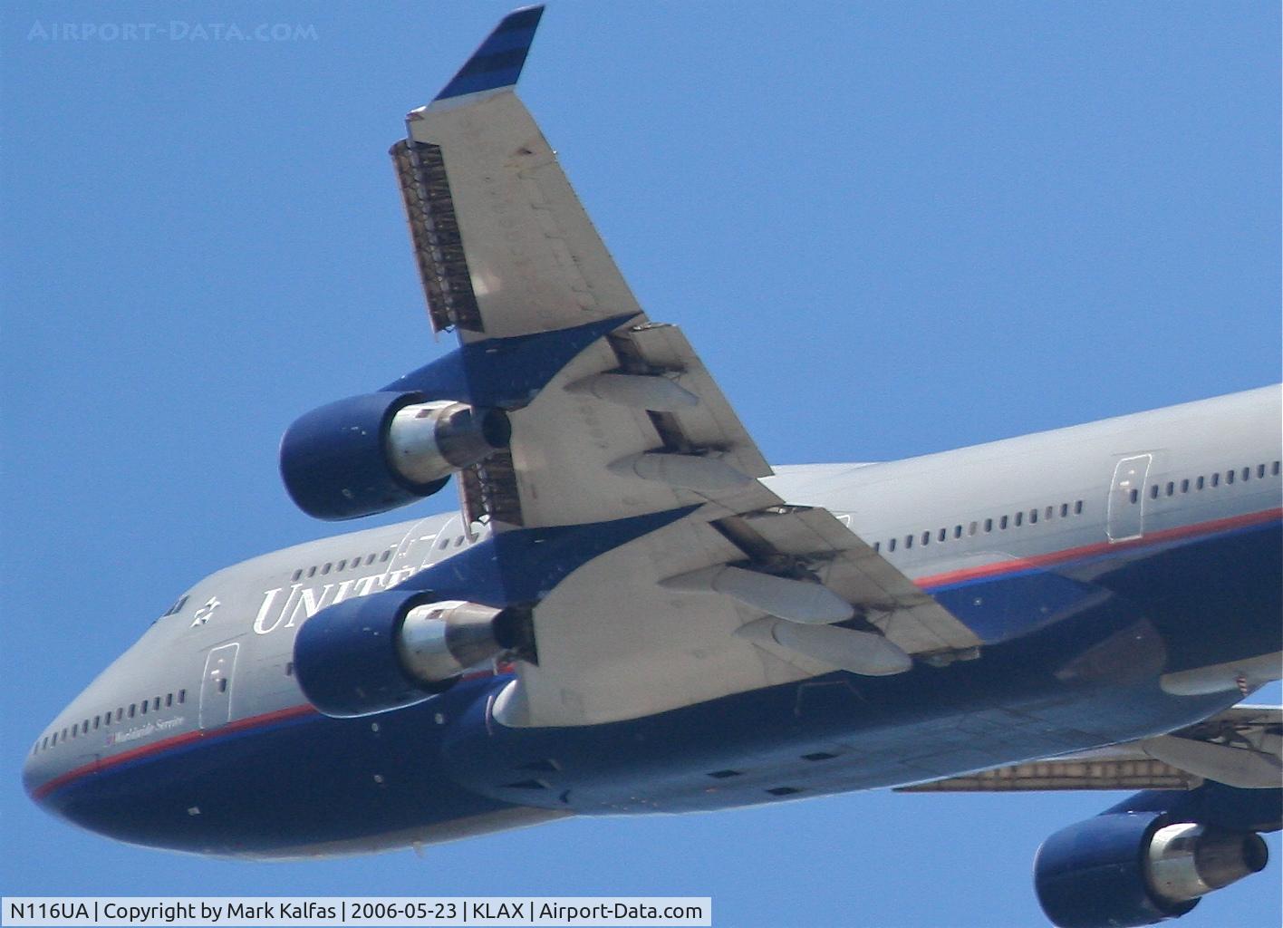 N116UA, 1998 Boeing 747-422 C/N 26908, United Airlines Boeing 747-422, N116UA 25R departure KLAX.