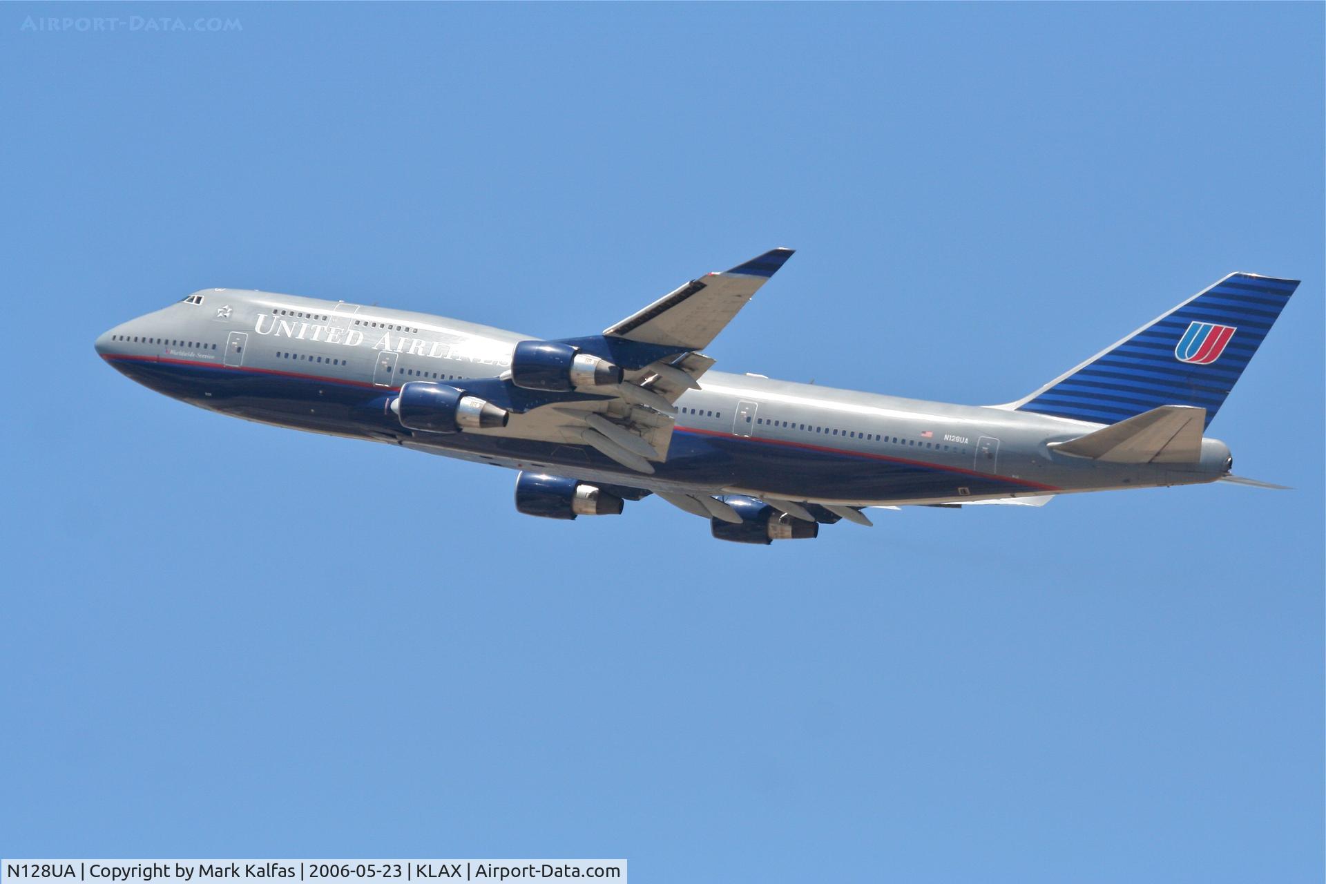 N128UA, 2000 Boeing 747-422 C/N 30023, United Airlines Boeing 747-422, N128UA 25R departure KLAX.