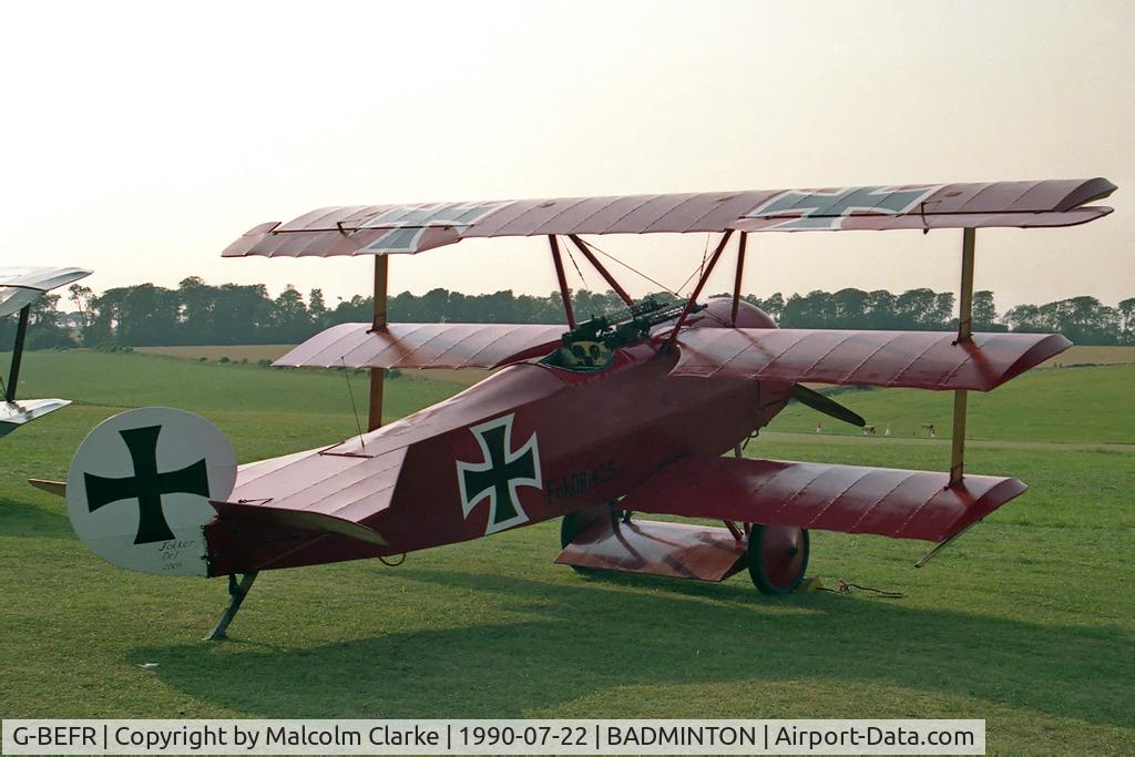 G-BEFR, 1976 Fokker Dr.1 Triplane Replica C/N WA1, Fokker DR-1 Triplane (replica) at Badminton House, Badminton, UK in 1990.